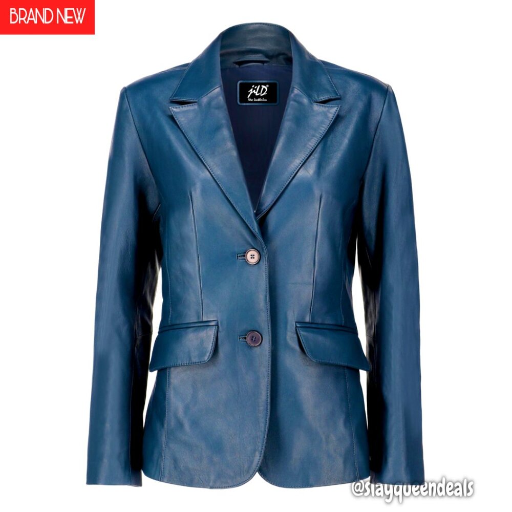 Lambskin Leather Blazer Women's 2-Button Notched Lapel Professional Jacket